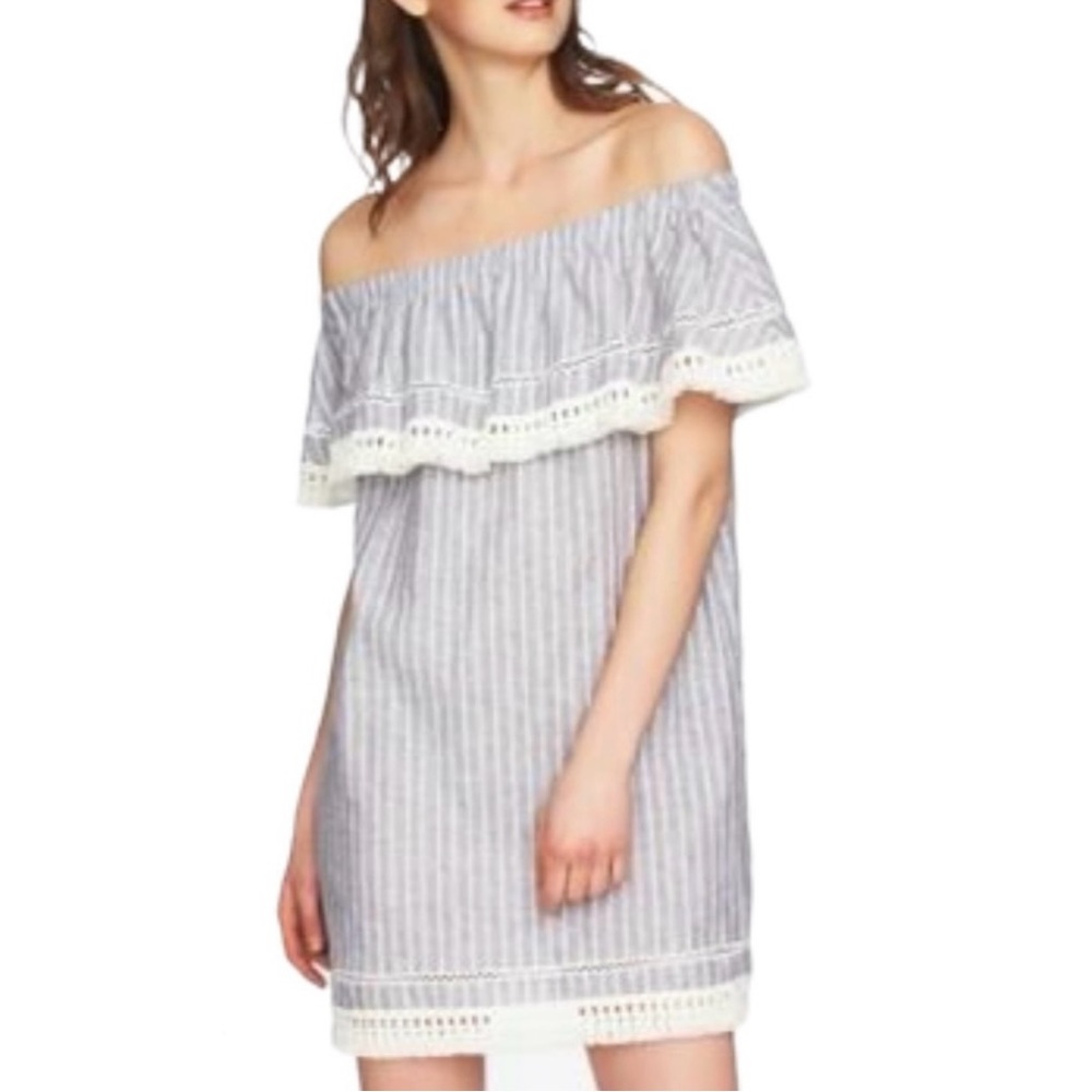 1. State Linen Blend Off The Shoulder Striped Fringe Dress